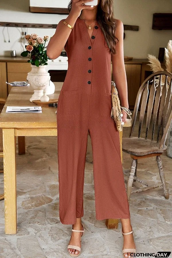 Elegant Buttoned Solid Color Pocket Jumpsuit