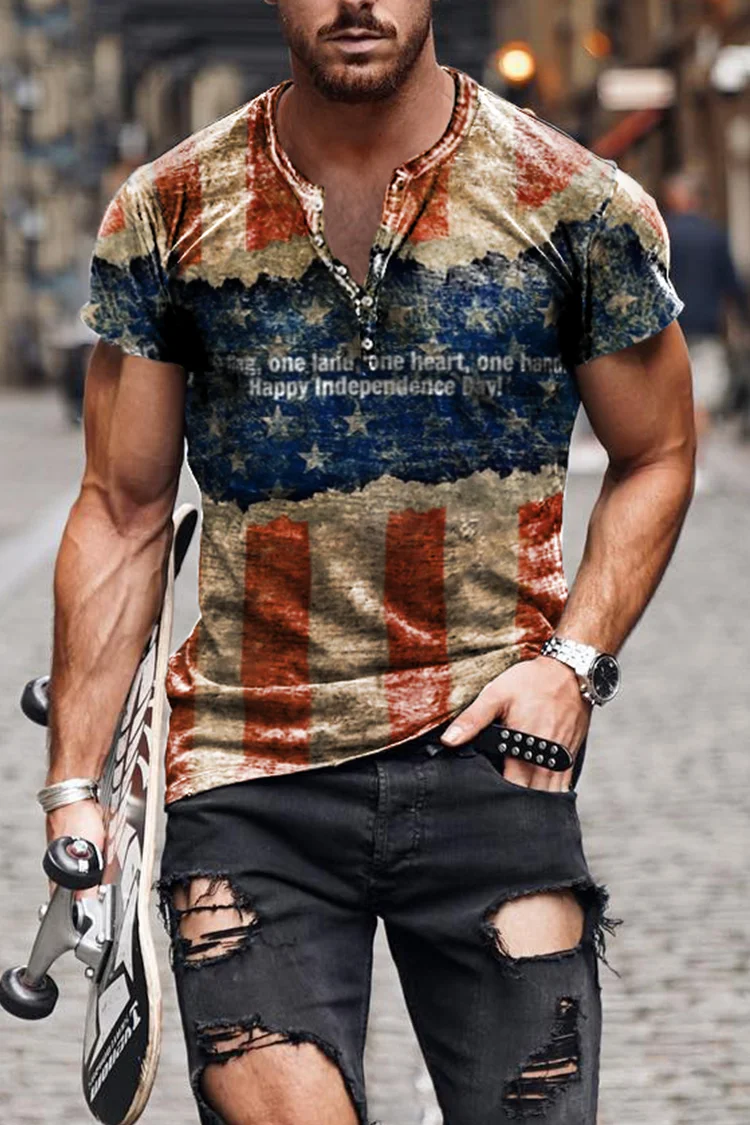 Khaki Flag Memorial Short Sleeve Henley T-Shirt