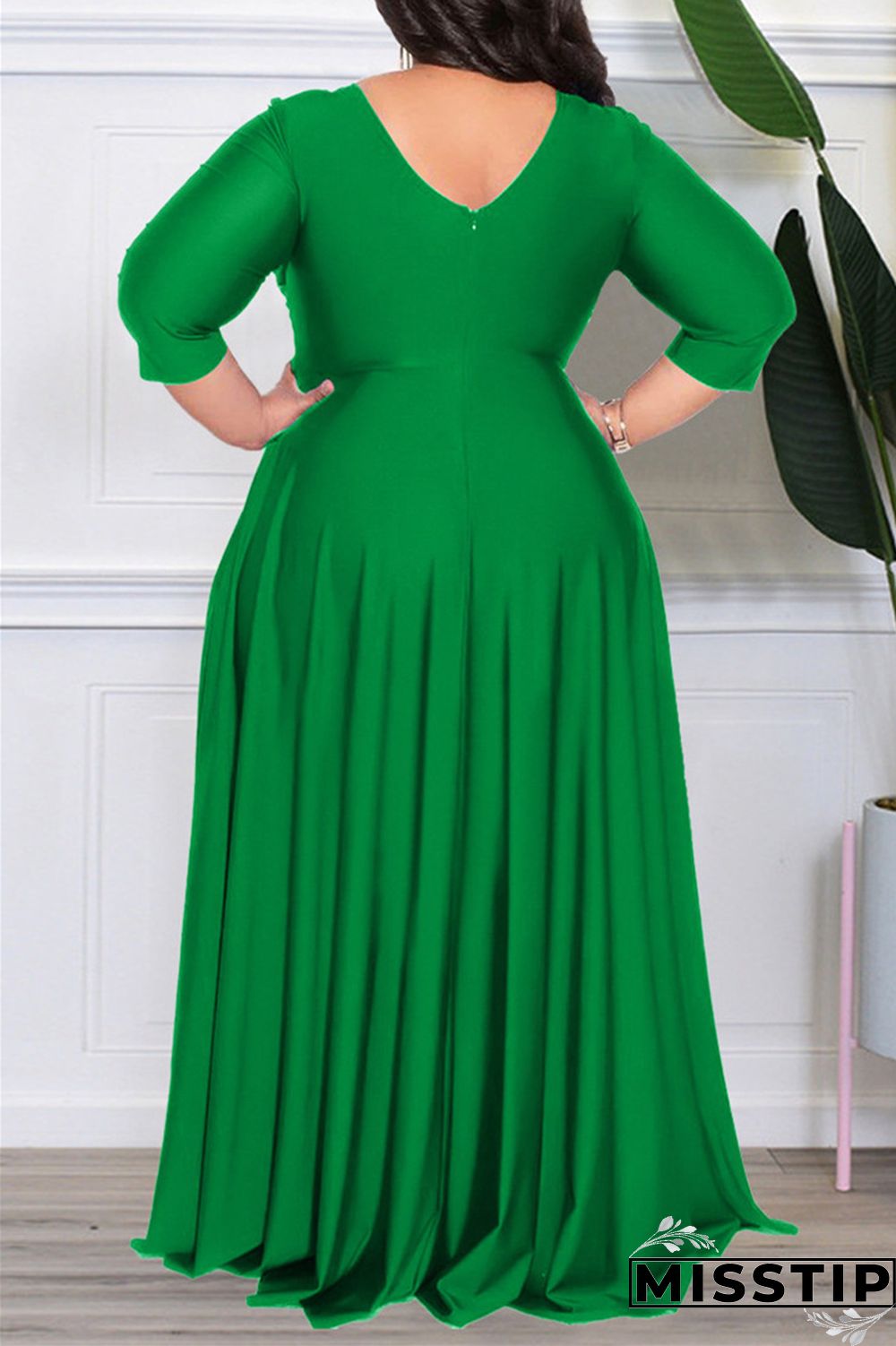 Dark Purple Casual Solid Patchwork V Neck Long Sleeve Plus Size Dresses