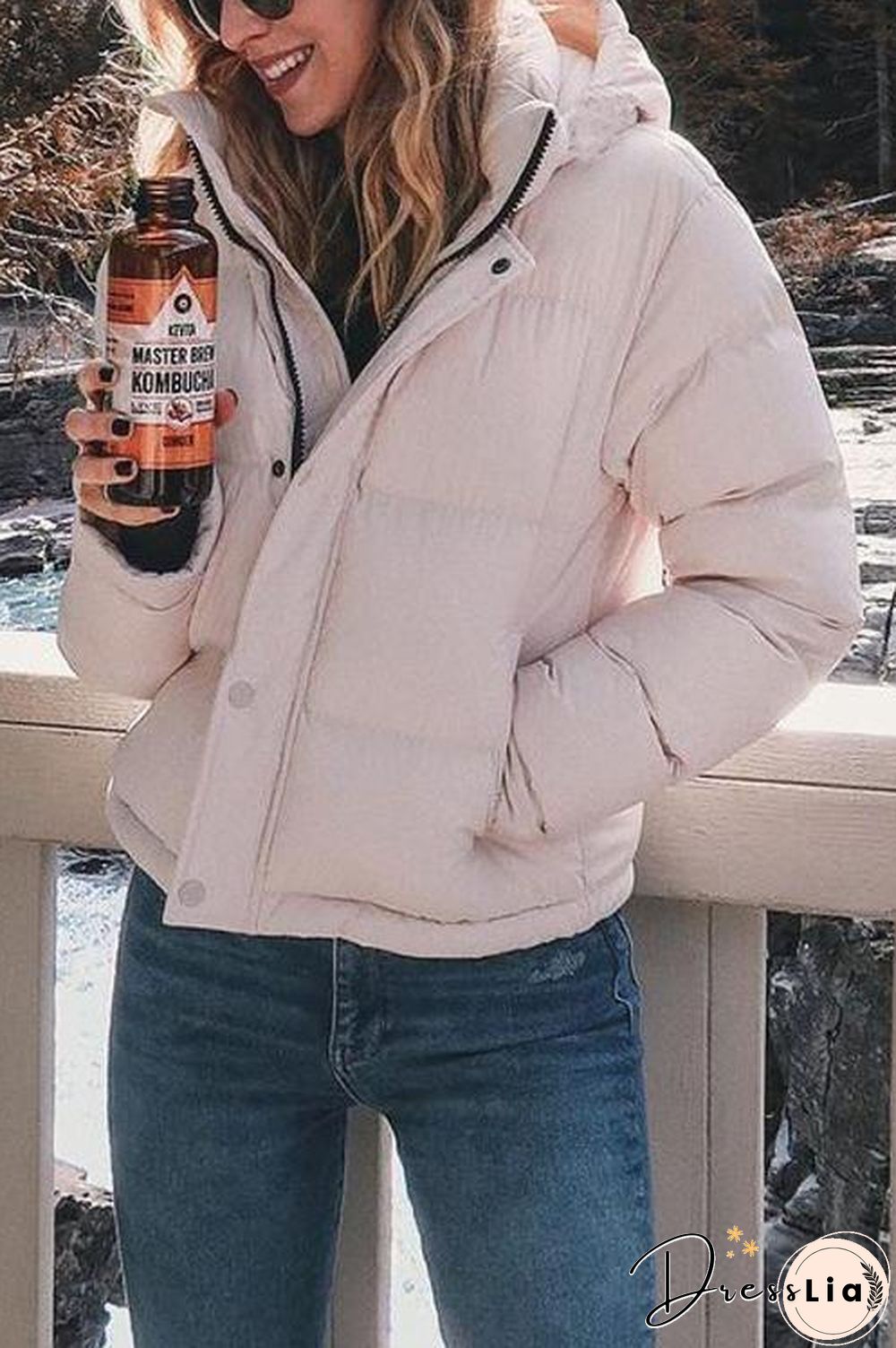 Zipper Button Hooded Coat