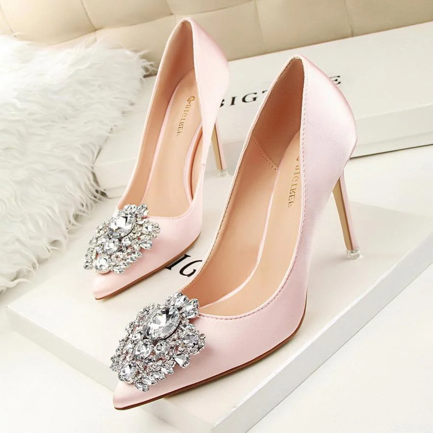Sexy stiletto high heel shallow pointed toe rhinestone buckle single shoes
