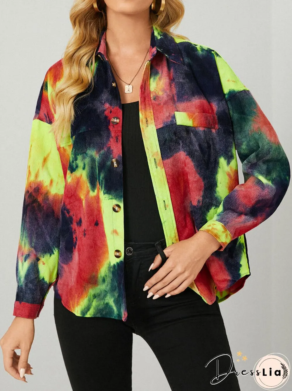 Tie Dye Corduroy Button Long Sleeve Lapel Jacket