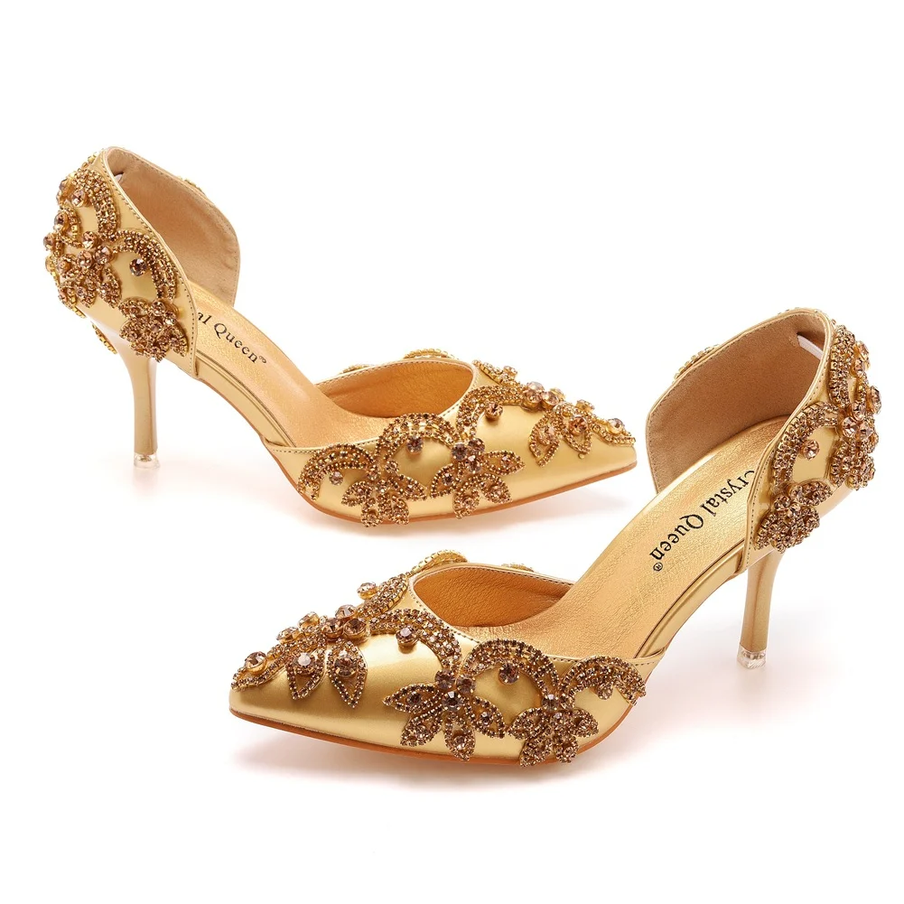 Breakj Breakj Cm Golden Water Diamond Wedding Shoes Fine Heel Pointed Sandals Hollow Two-Siped Sandals Banquet Crystal Wedding