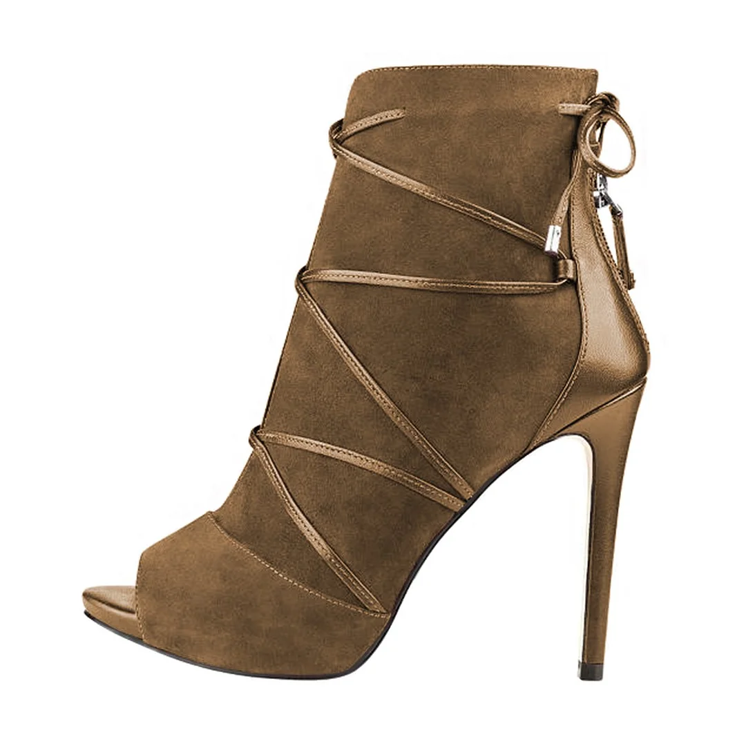 Faux Suede Peep Toe Back-Zip Stiletto Heel Ankle Booties in Brown