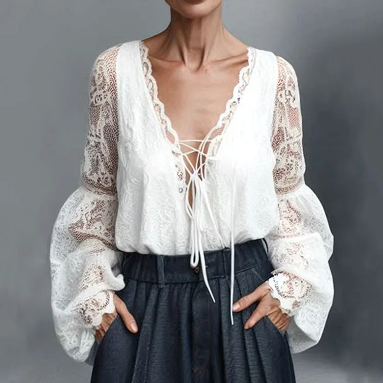 Casual Lace Deep V Neck Lantern Sleeve Lace-Up Blouse