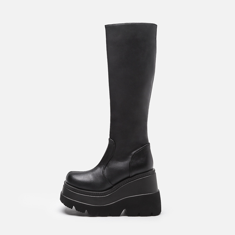 Motor Girl Statement Solid Color Side Zipper Round Toe Platform Boots