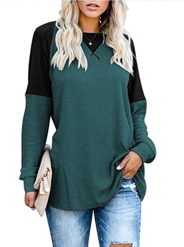 Woherb Autumn Patchwork Long Sleeved T-Shirt Fashion Loose Casual Top Women Oversized Tunic Round Neck Tee Shirt Pullovers Femme