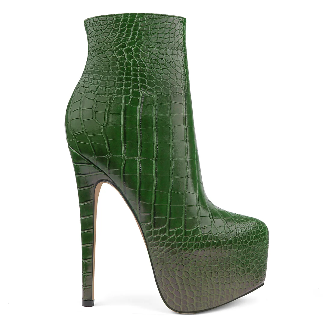 6.1" Women's Platform Ankle Boots Zipper High Heels Croc Patent Shoes Short Booties-MERUMOTE