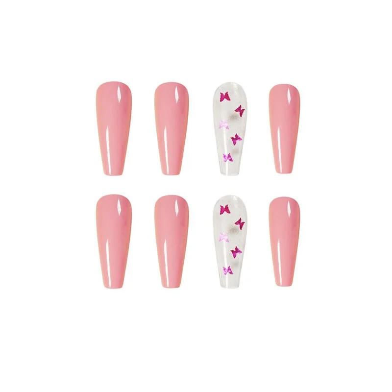 24pcs/Set False Nails with Glue Extra Long Laser Butterfly Coffin Fake Nails Fingernail DIY Ballerina Nail Decoration Art Tips-Nail Inspo