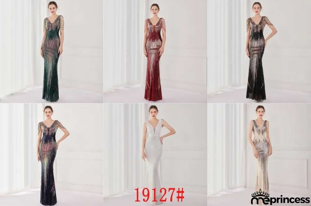 Spring Elegant White Bling Sequins V Neck Tassel Gradient Mermaid Evening Dress