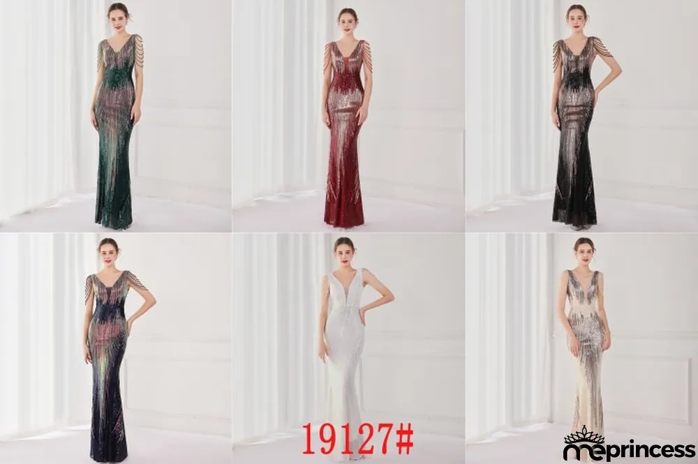 Spring Elegant White Bling Sequins V Neck Tassel Gradient Mermaid Evening Dress