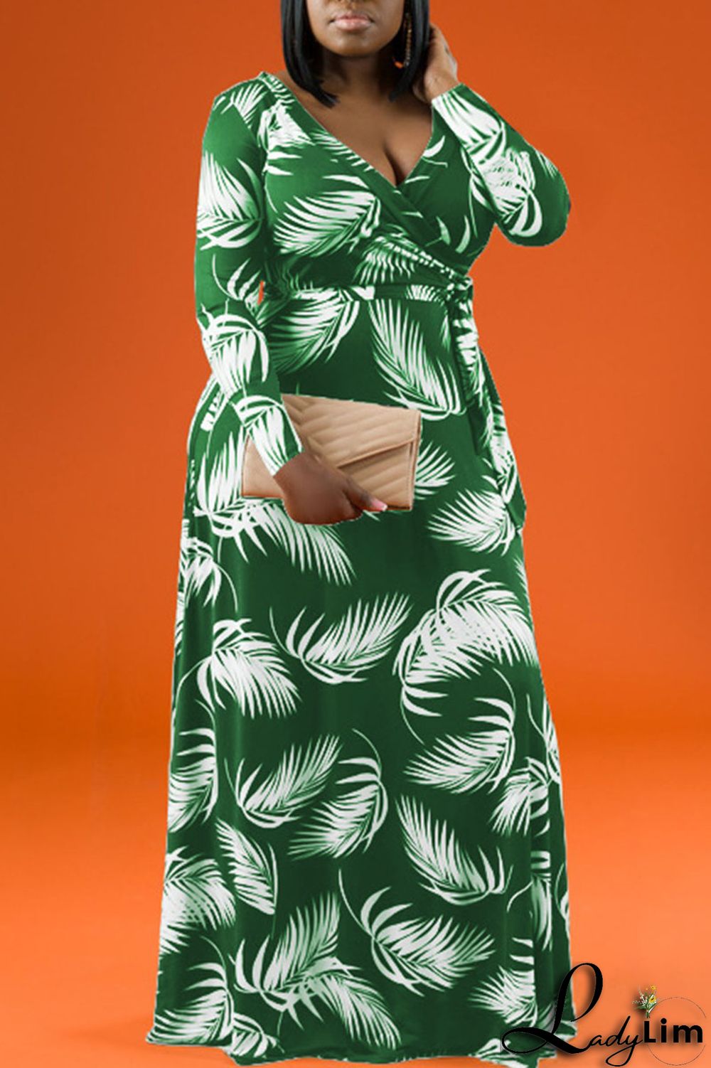 Tangerine Casual Print Patchwork V Neck Straight Plus Size Dresses