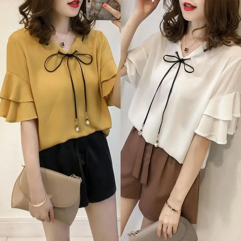 White/Yellow Falbala Sleeve Chiffon Shirt SP1710311