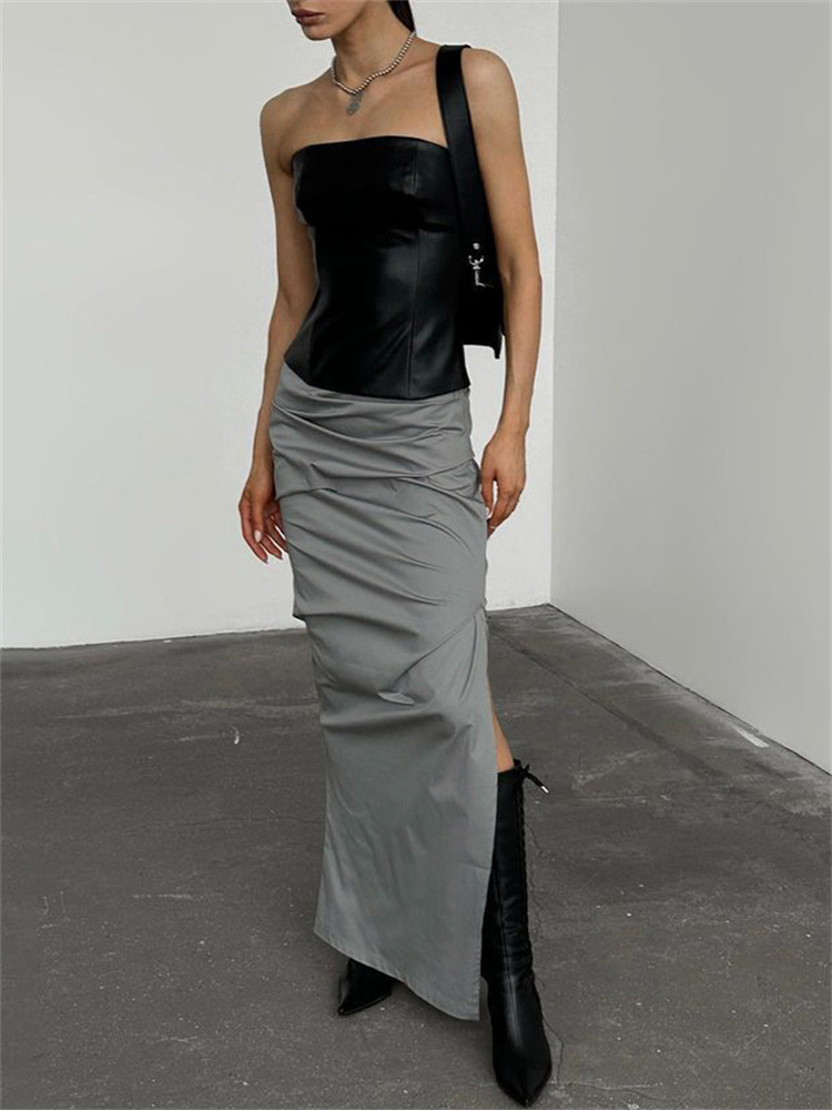 Ootddress Summer For Women Split Y2K Pencil Skirts Bodycon High Waist Solid Fashion Ladies Streetwear Pleated Irregular Maxi Skirt