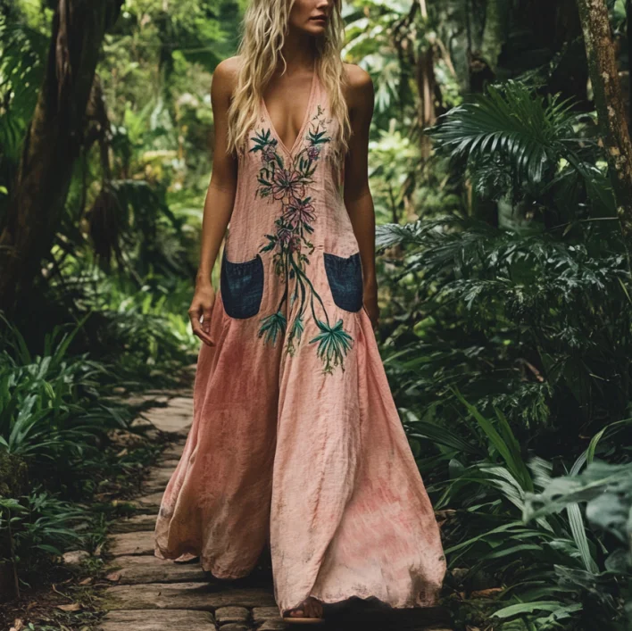 Utbros Bohemian Floral Embroidery Sleeveless Cozy Linen Maxi Dress