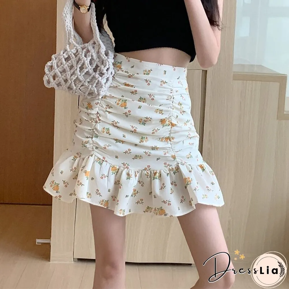 cute print trumpet mini skirt summer sweet high waist elegant a-line casual korean