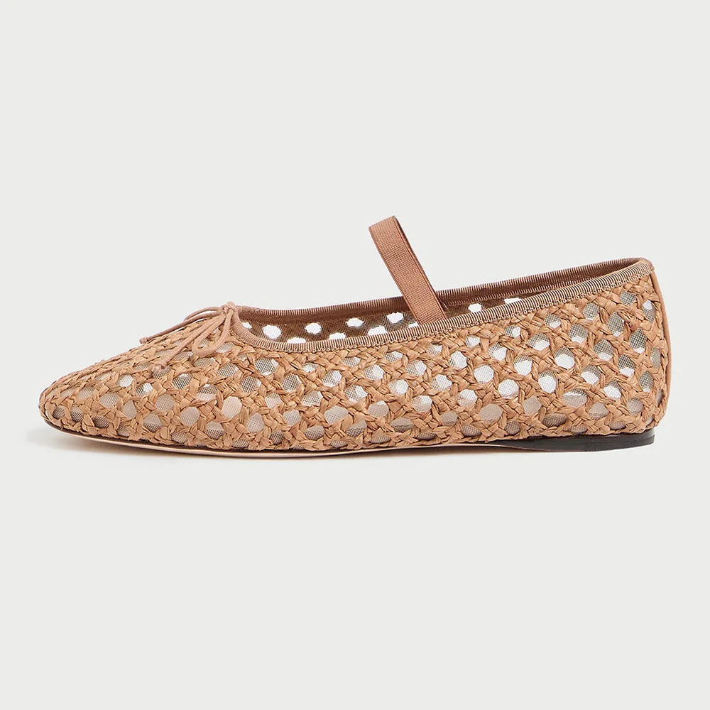 Vegan Leather Sophisticated Round Toe Woven Nude Ballet Flats   Nicepairs