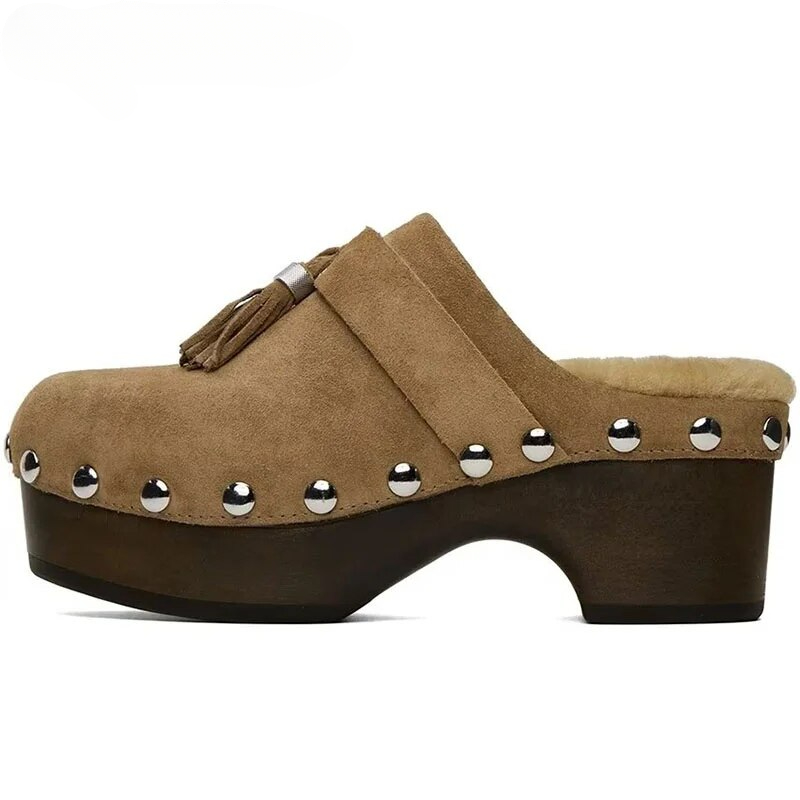VCSHOES Fur Inside Leather Sandals Women Platform Chunky Heels Rivet Mules Flip Flops Outdoor Round Toe Shoes For Women