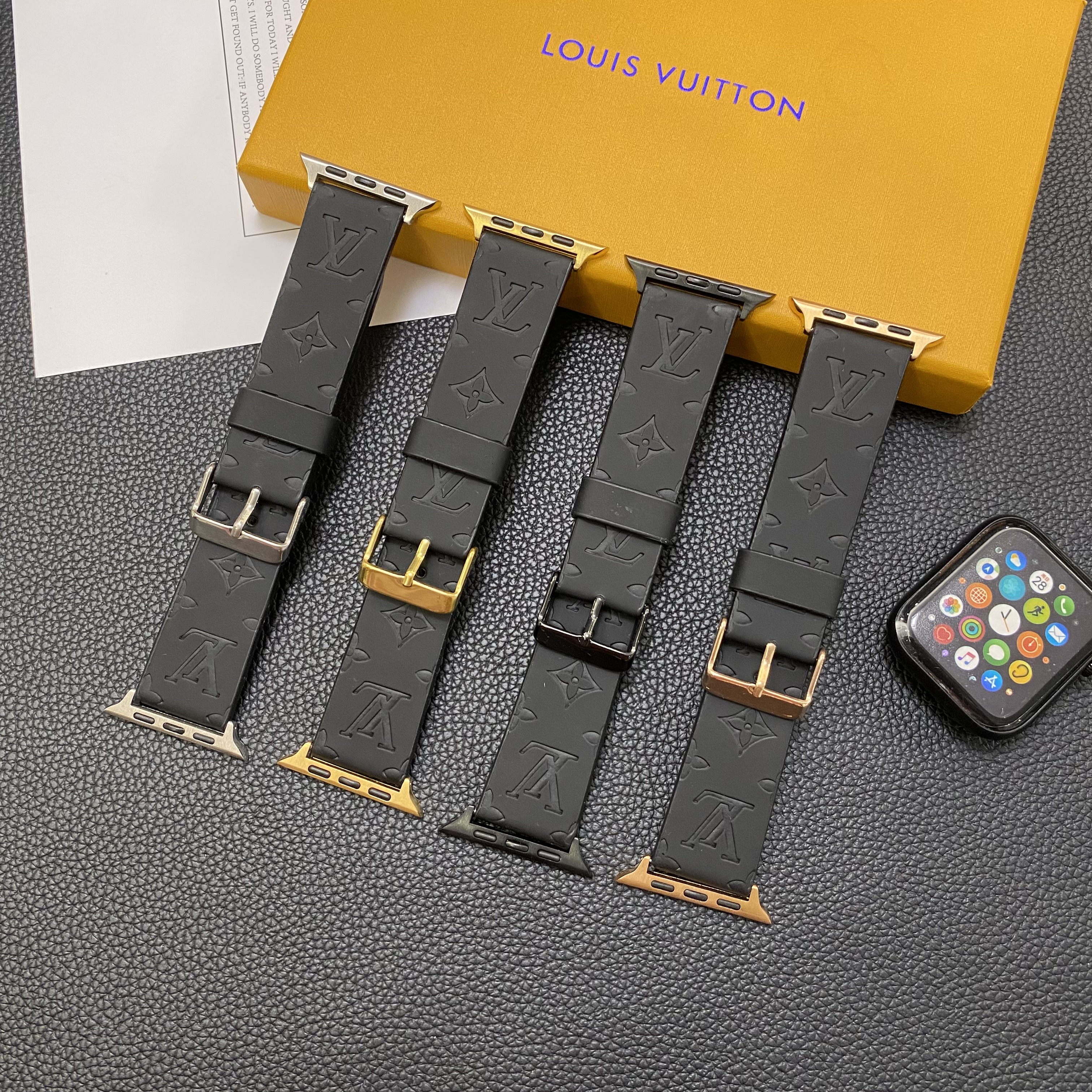LV Black Genuine Leather Replacement Strap for Apple Watch