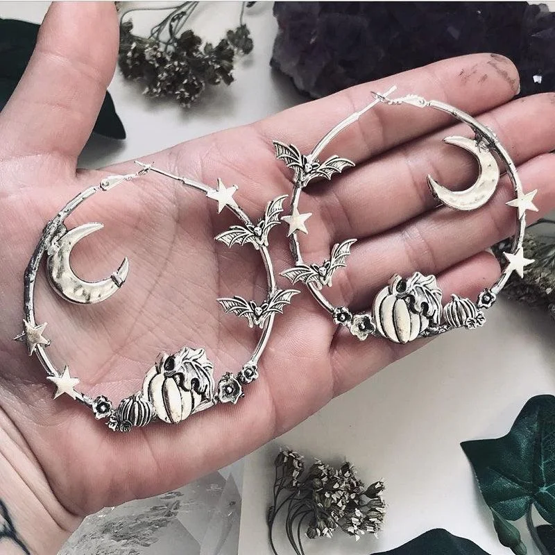 Halloween Moon Pumpkin Big Earrings