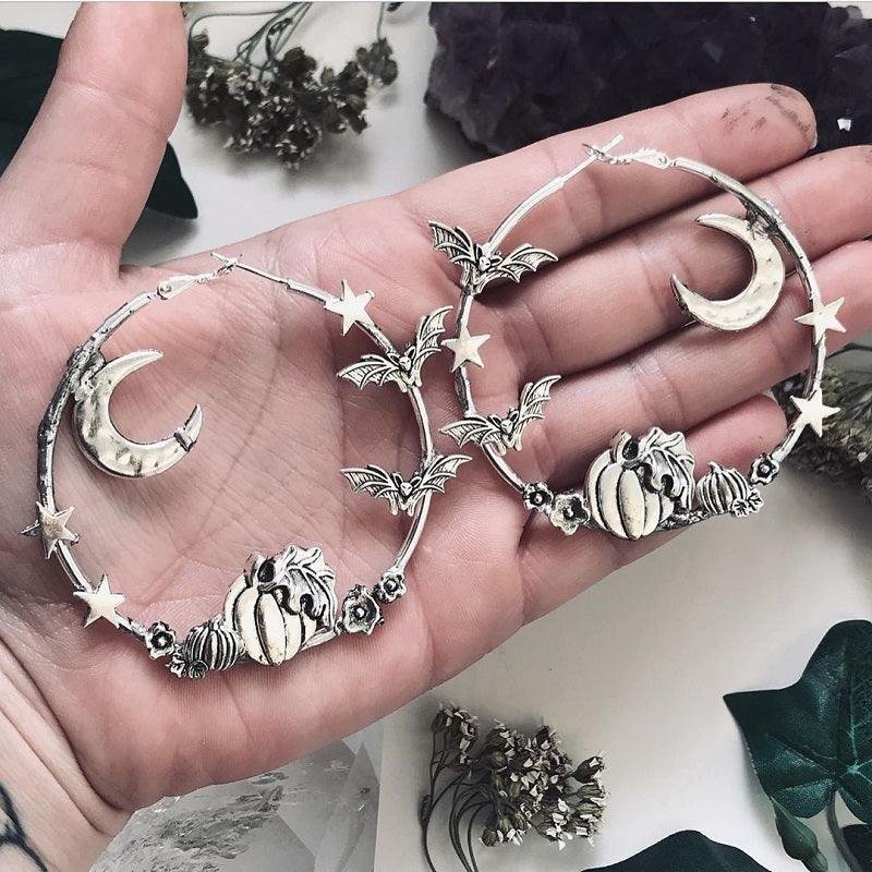Halloween Moon Pumpkin Big Earrings