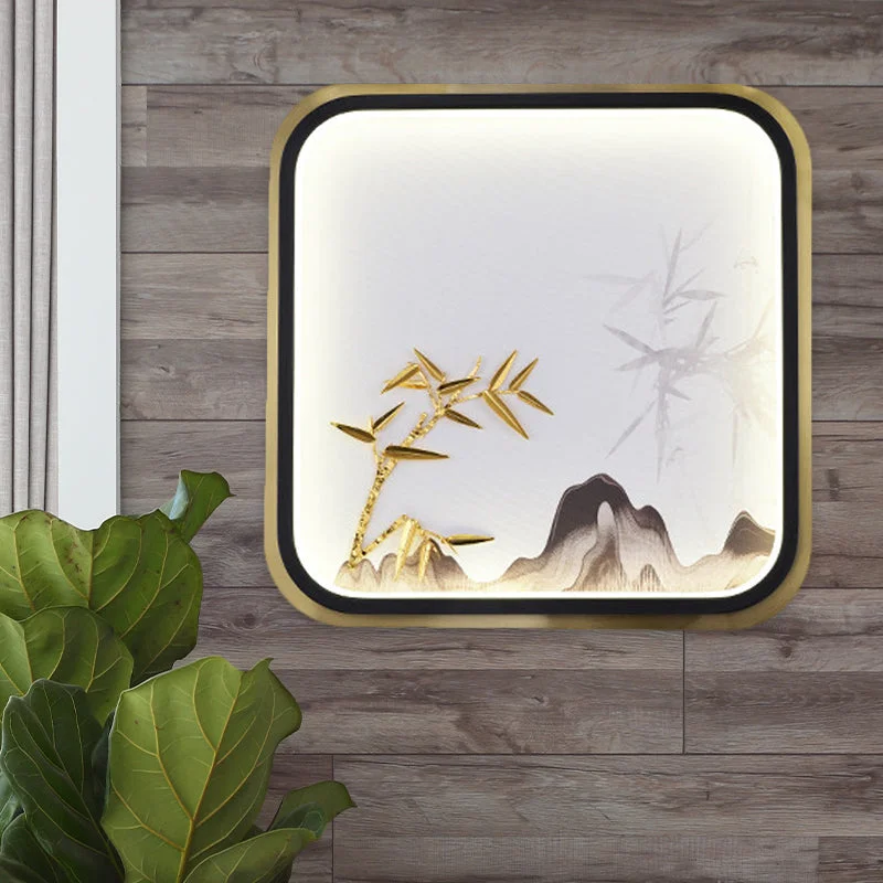 Rectangle/Square Bedroom Wall Lighting Metal LED Oriental Style Mural Lamp in Gold with Bamboo and Mountain Pattern