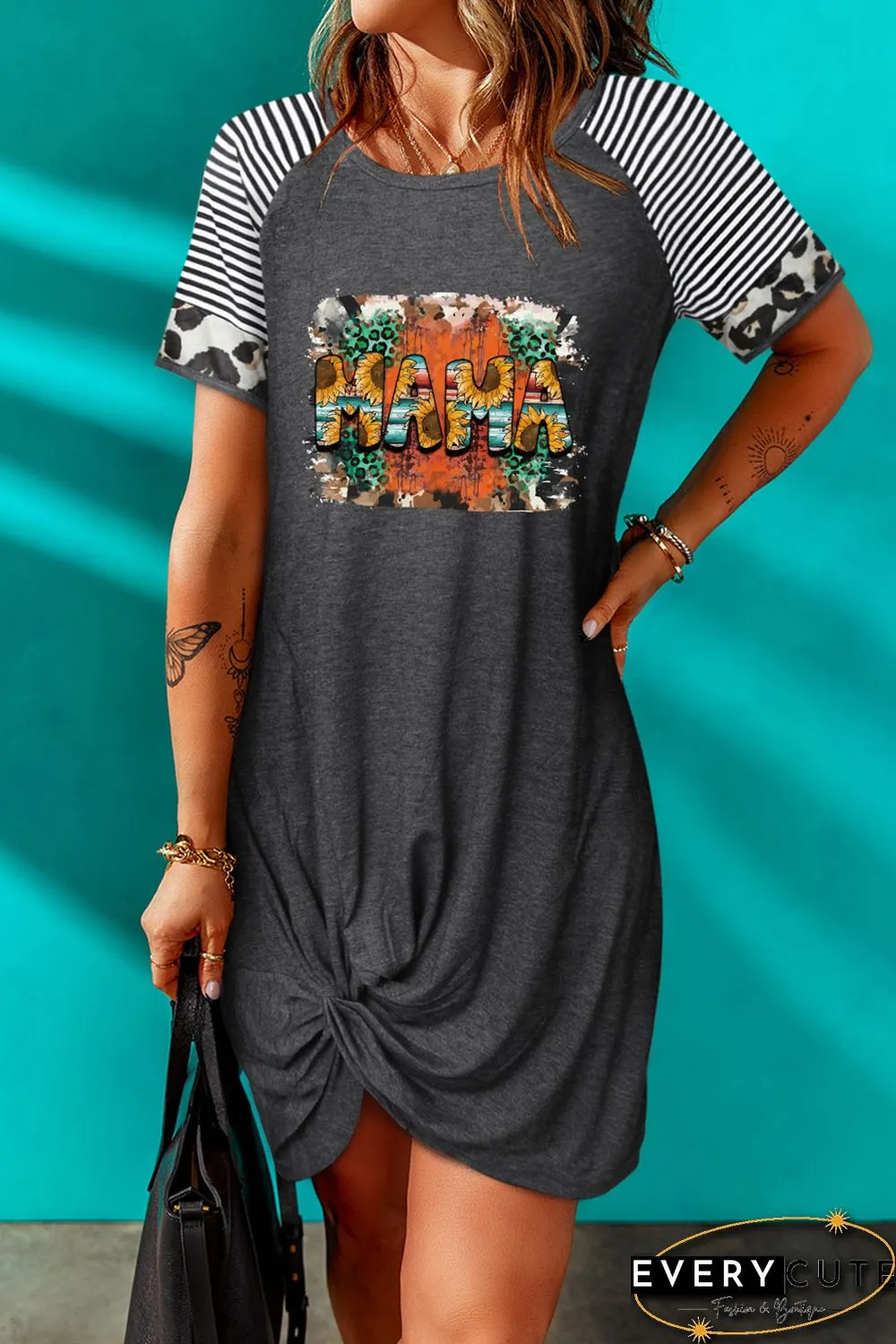 Gray MAMA Western Graphic Contrast Sleeve Dress