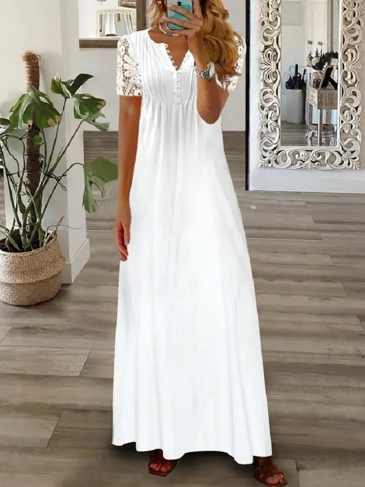 Women's Vacation Dress V-Neck Lace Short Sleeve Long Maxi Floral Summer Dress