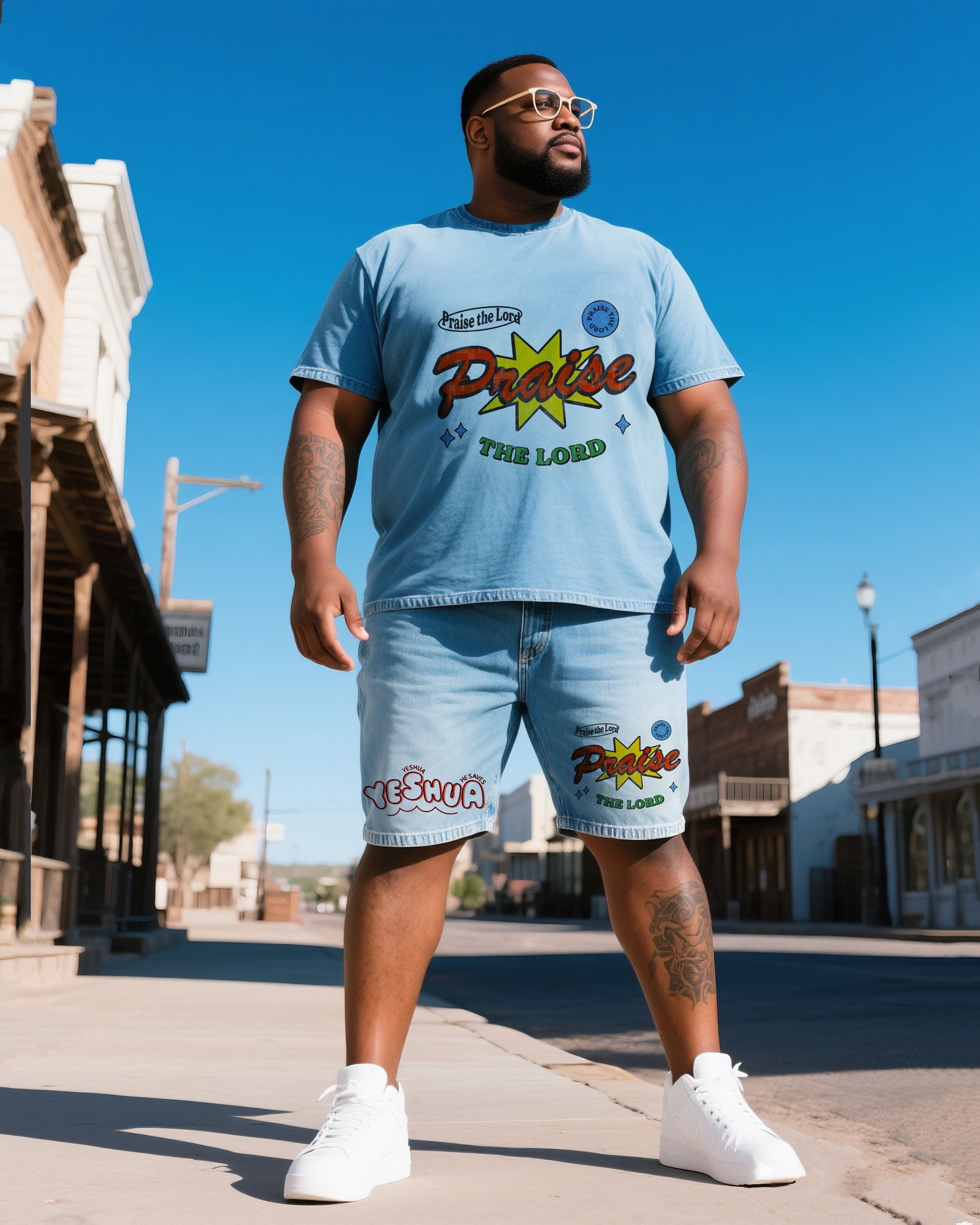 Big & Tall Men's Praise Jehovah Short Sleeve T-Shirt. Collage Shorts Denim Suit