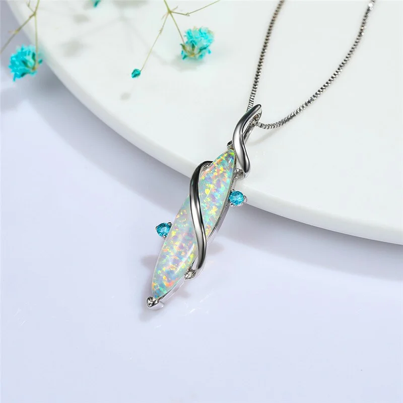 Cute Female Leaf Opal Wedding Necklace Rose Gold Silver Color Party Necklace For Women Boho White Crystal Winding Chain Necklace