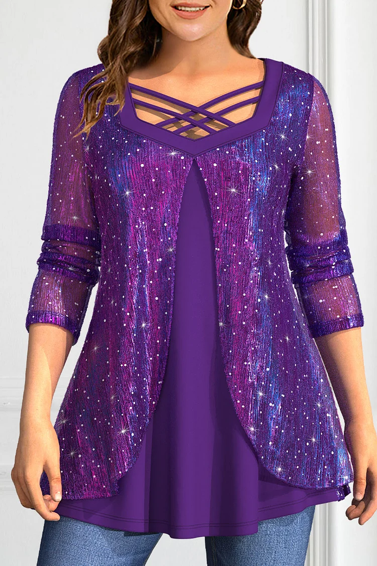Flycurvy Plus Size Christmas Purple Sparkly Glitter Fabric Cross Strap Square Neck Layered Blouse  Flycurvy [product_label]