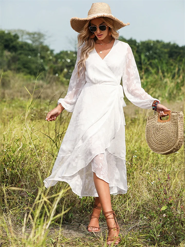 Women's New Bohemian Beach Vacation Lace-up Waist Jacquard Dress Kmmey