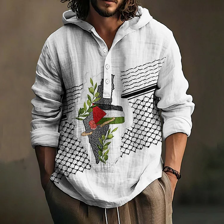 I Hope Peace Forever Print Linen Hooded Shirt