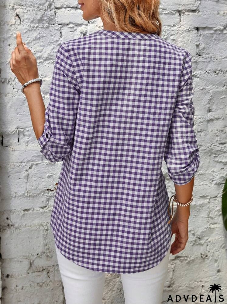 Gingham Print Half Button Roll Tab Sleeve Blouse