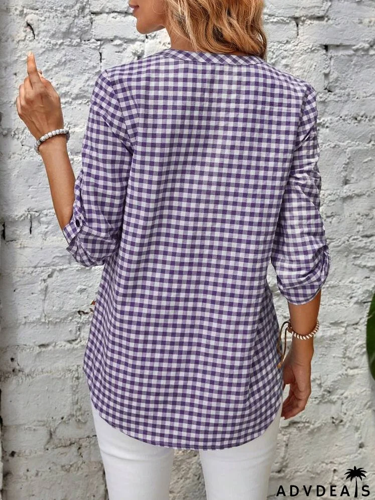 Gingham Print Half Button Roll Tab Sleeve Blouse
