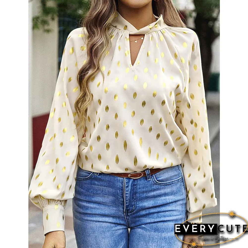 Khaki Notched Neck Pleated Cuffs Long Sleeve Tops