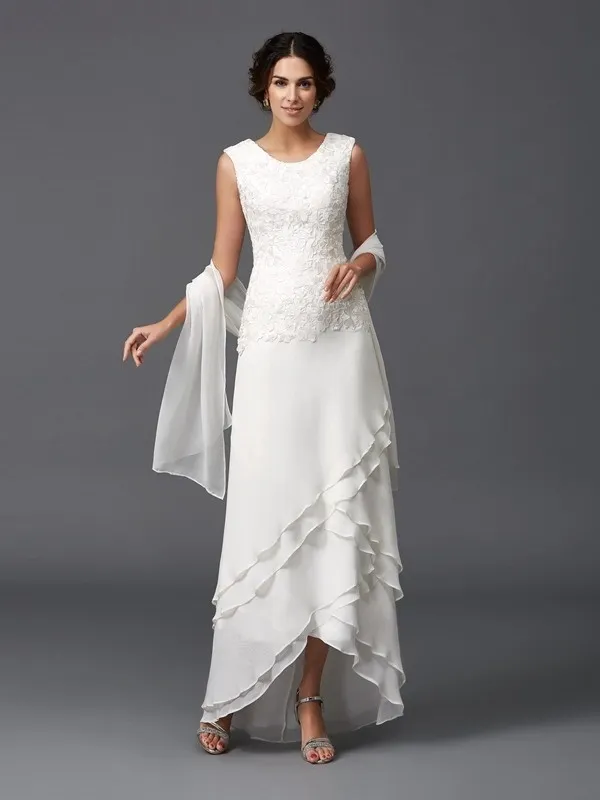 Lussooy Gorgeous White Sleeveless Scoop Neck Mother of The Bride Dress with Shawl 