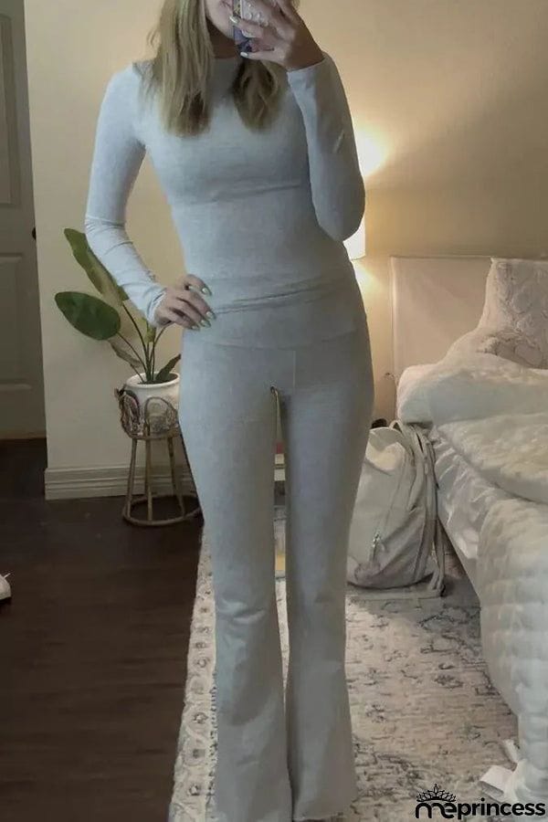 Solid Color Long Sleeved Pullover and Flared Pants Lounge Two Piece Set
