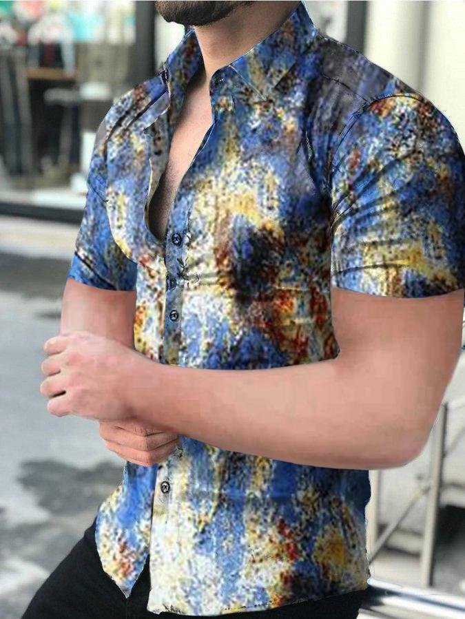 Men's Casual Light Blue Printed Short-Sleeved Shirt