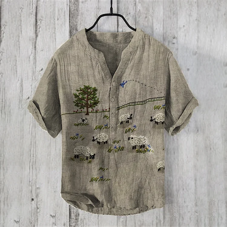 Men's Farm Sheep Art V Neck Button Cotton Linen Shirt