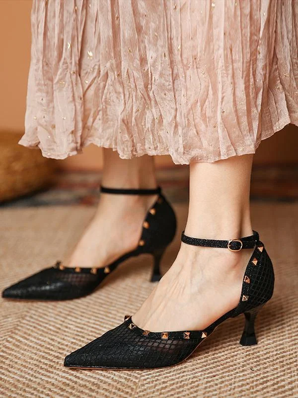 Fashion pointed toe comfortable breathable mesh stiletto rivet high-heeled shoes