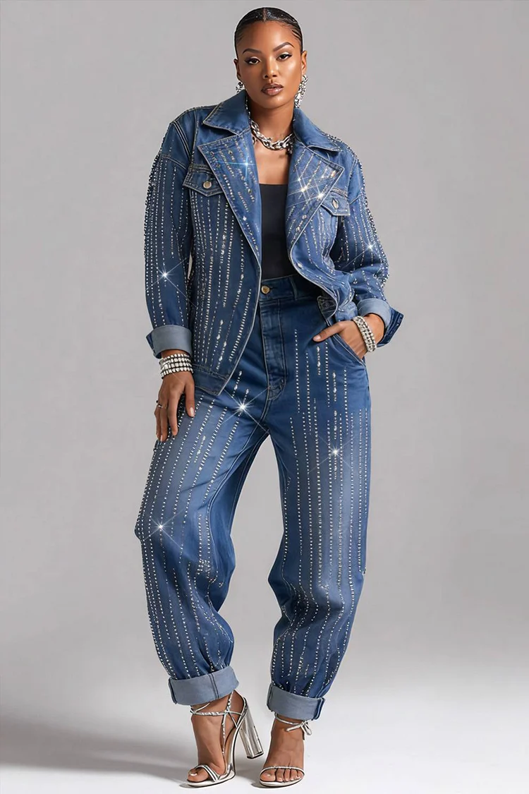 Xpluswear Design Plus Size Party Blue Turndown Collar Long Sleeve Drilling Elegant Pocket Denim Two Piece Pant Sets [Pre-Order] 2024 - Xpluswear