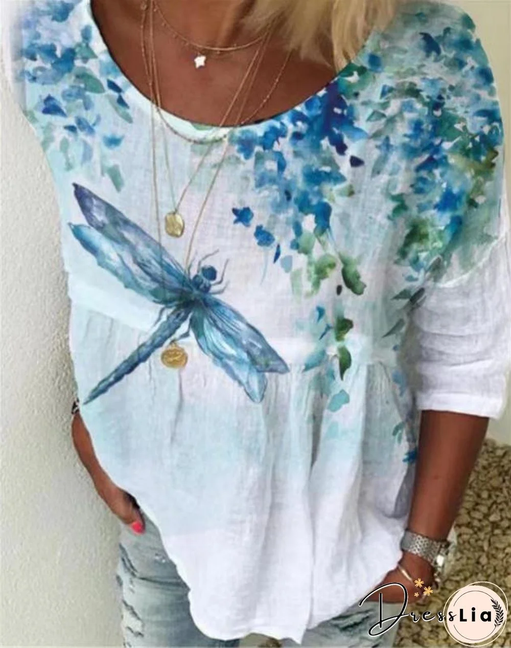 Fashion Women Summer Printed Round Neck Top