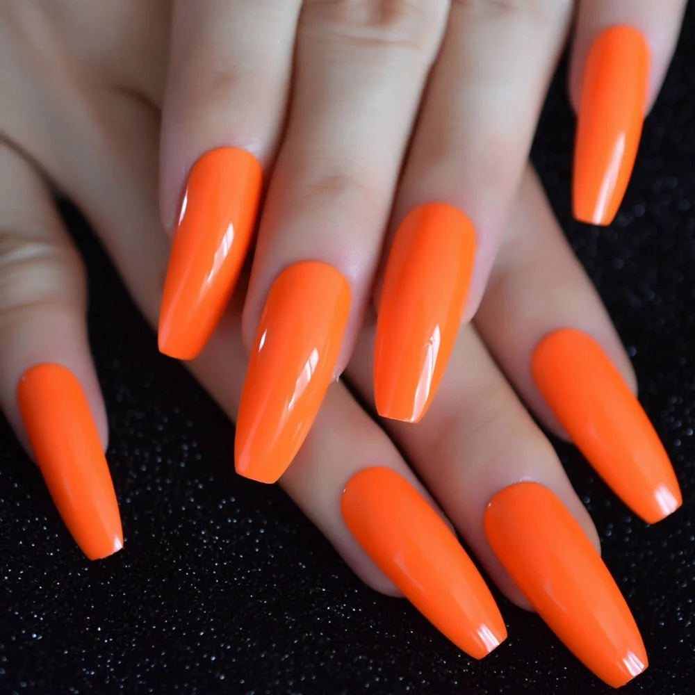 Hot Neon Orange Long Coffin Nails Amazing Glossy gel Polish Cover Extra Long Ballerina Fake Nails 24 Ct