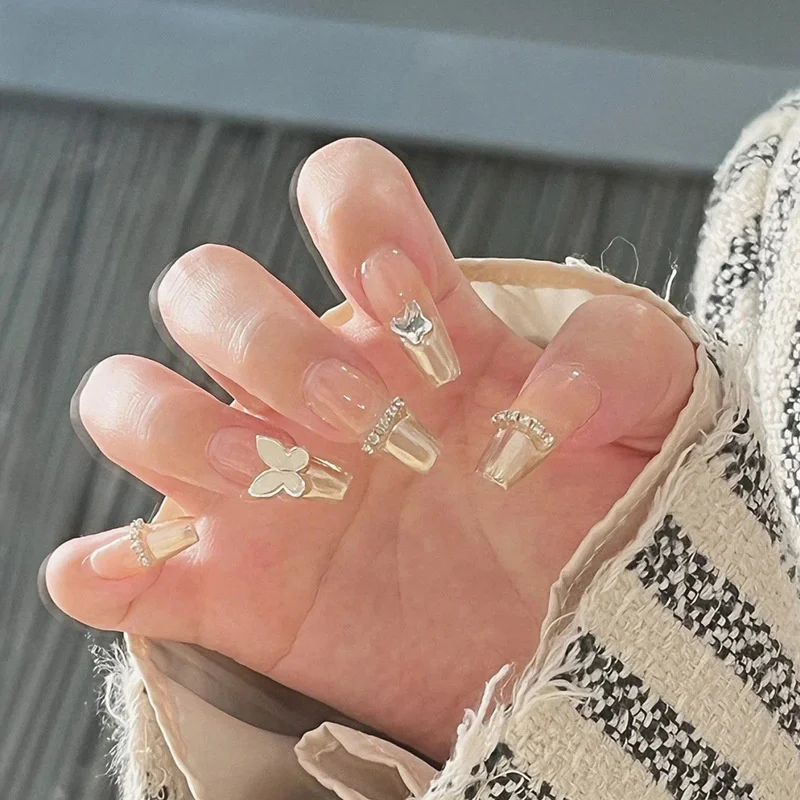 Buyerint 24pcs Wearable Pink Press on Nails – Butterfly Lovely Girl False Nails Tips with Jelly Gel Design  