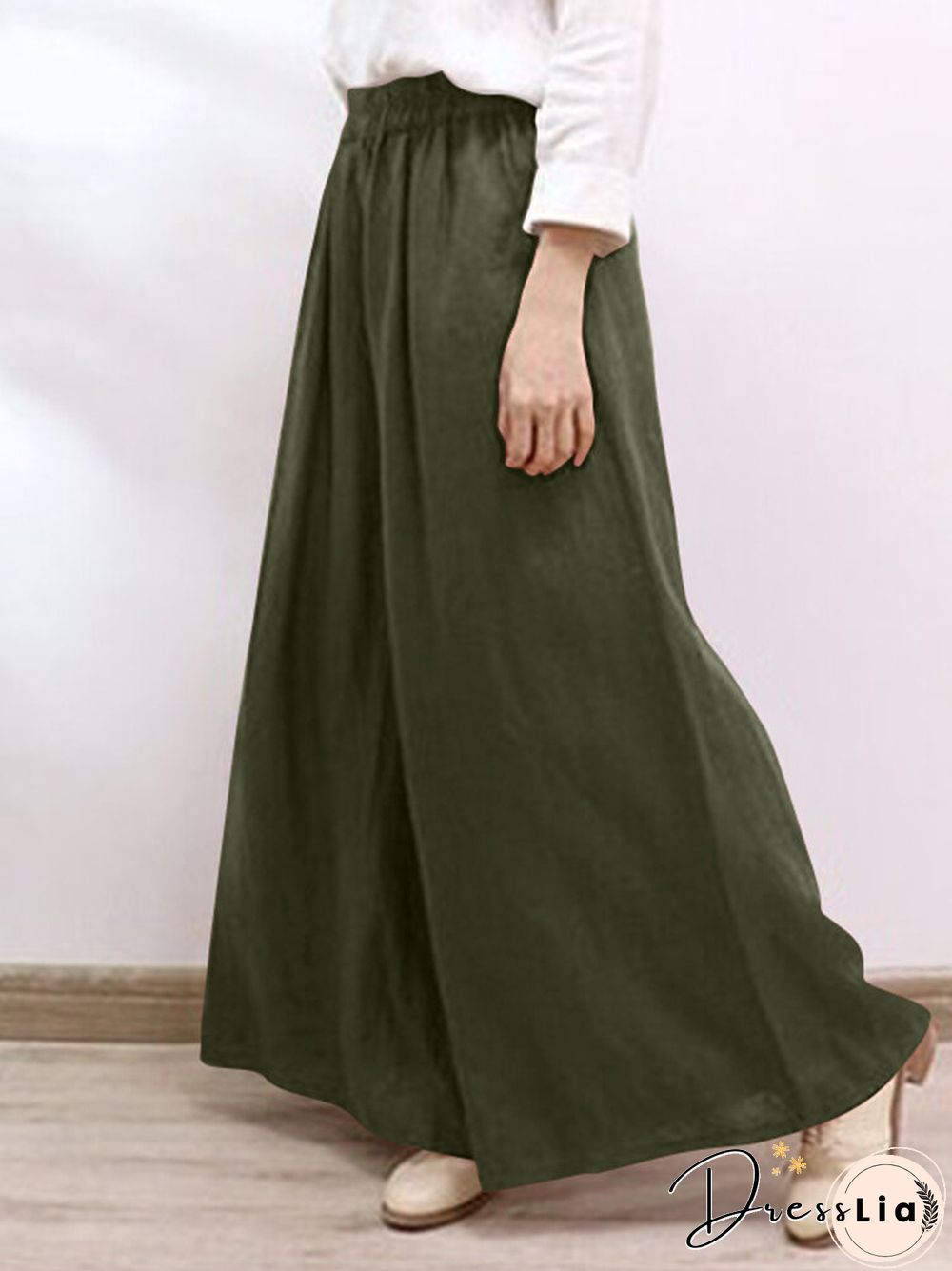 Solid Pocket Elastic Waist Wide Leg Casual Pants