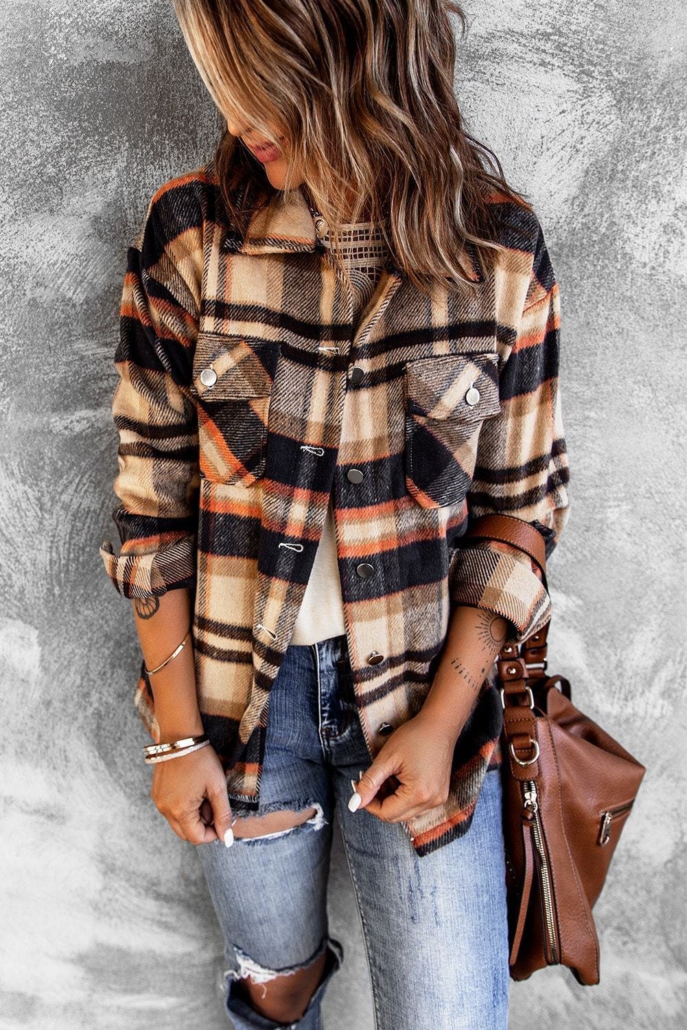 Women Geometric Plaid Print Pocketed Shirt