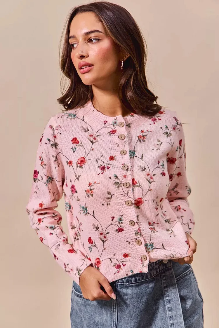 SO ME Floral Print Button Front Sweater Cardigan Top