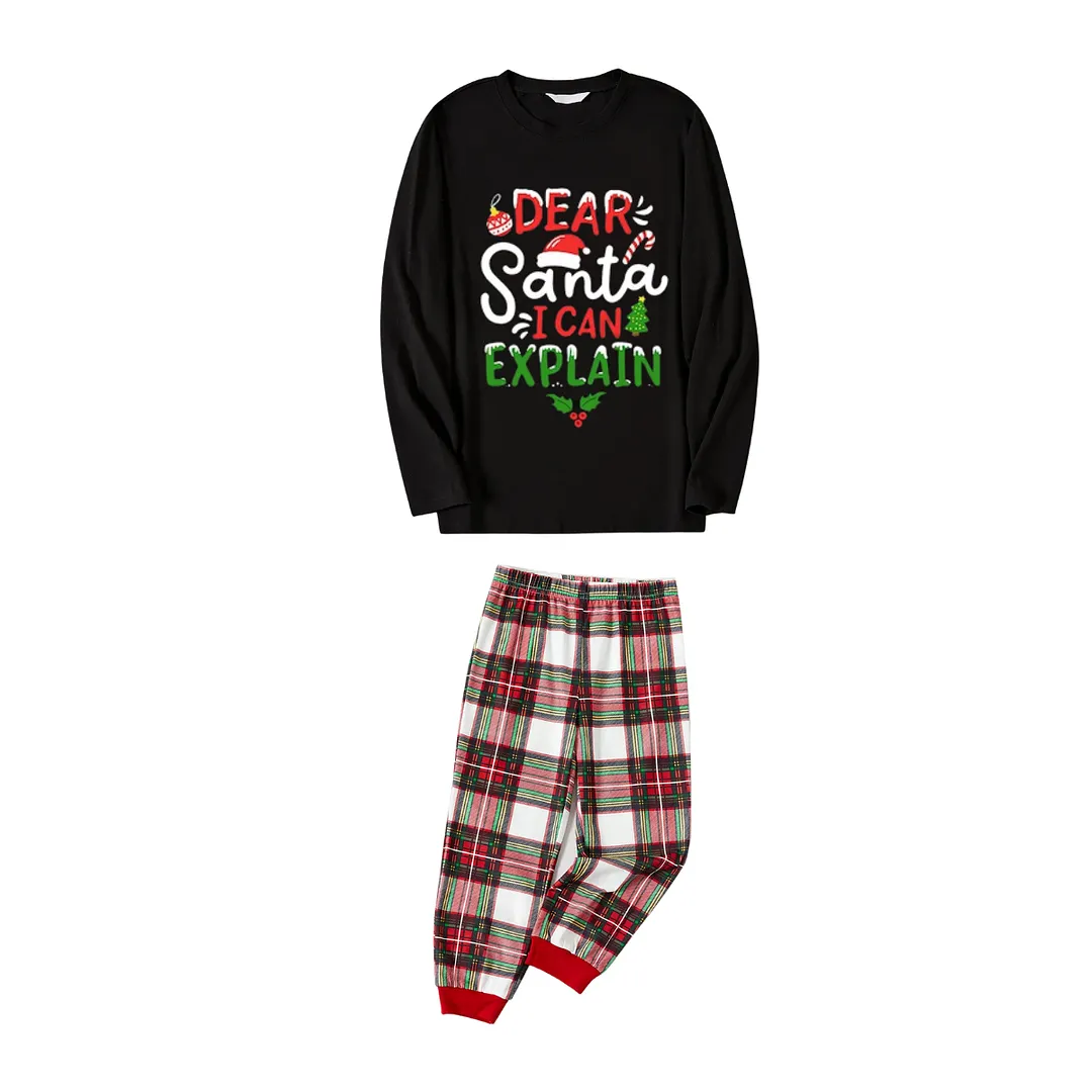 "Dear Santa I can Explain" Slogan Printed Red & White & Green Plaid Family Matching Pajamas