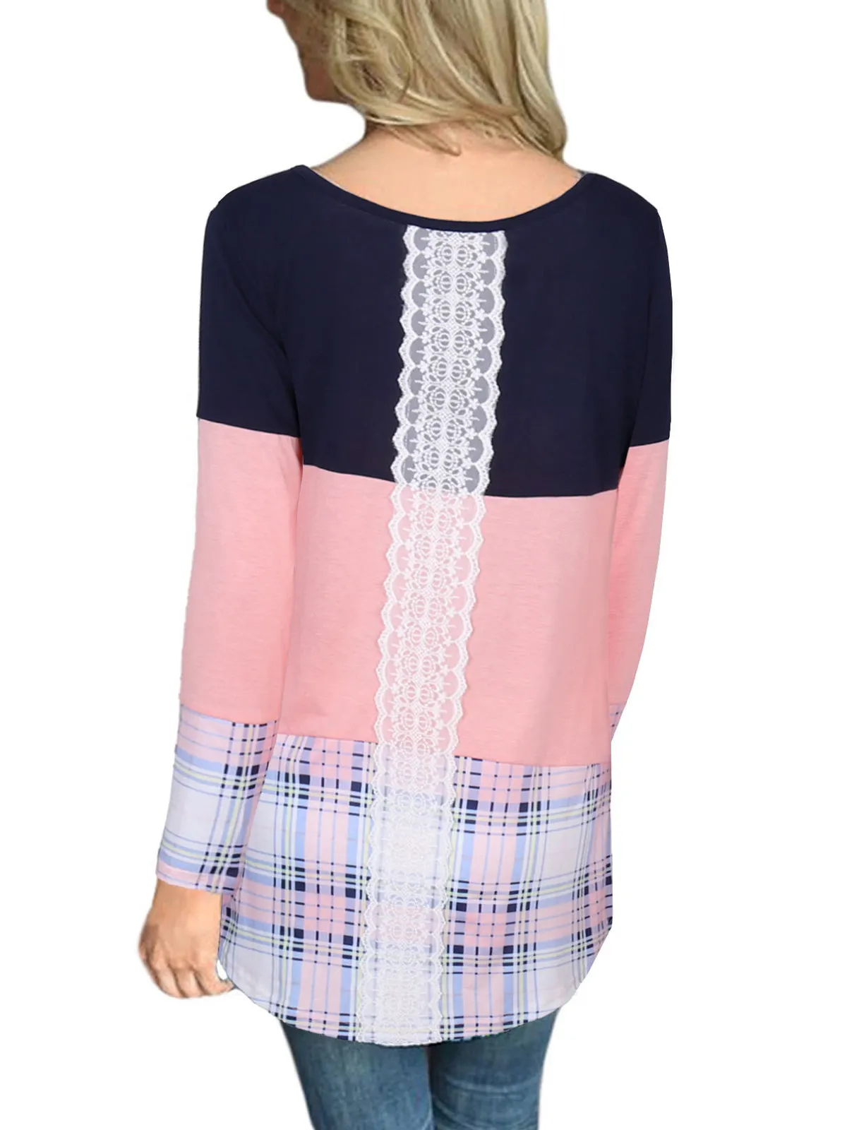 Women's Scoop Neck Long Sleeve Plaid Tops